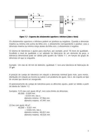 ai

                                   as
                       t




                                                                           As

                                                                                   Ai
                                                                                         Linha zero




                                                                      t
                                             dimensão
                                             nominal

               eixo                                                         furo



            Figura 1.2 – Esquema dos afastamentos superiores e inferiores (eixos e furos).

Os afastamentos superiores e inferiores podem ser positivos ou negativos. Quando a dimensão
máxima ou mínima está acima da linha zero, o afastamento correspondente é positivo; caso a
dimensão máxima ou mínima esteja abaixo da linha zero, o afastamento é negativo.

O sistema de tolerâncias e ajustes para eixo/furo, por exemplo, prevê 18 níveis de qualidade.
Escolhido o nível de qualidade a ser adotado na fabricação de um elemento da peça, a
tolerância dimensional pode ser obtida pelo quadro da Tabela 1.1, em função do grupo de
dimensão em que se enquadra.


Exemplo: Um eixo de 48 mm de diâmetro, qualidade 7, terá uma tolerância de fabricação de
25 µm.


A posição do campo de tolerância em relação a dimensão nominal (para mais, para menos,
distribuído em relação ao mesmo ou outro) é um problema de ajuste, isto é, diz respeito ao tipo
de encaixe que deverá ser assegurado.

O posicionamento do campo de tolerância para os diferentes ajustes, pode ser obtido a partir
da tabela da Tabela 1.2.

ExempIos: 1) O eixo com ajuste 48 g7, terá como limites de dimensão:
          48,000 - 0,009 mm
                  - 0,034 mm, isto é,
                  diâmetro mínimo: 47,966 mm
                  diâmetro máximo: 47,991 mm

2) Eixo com ajuste 48 p7:
          48,000 + 0,051 mm
                  + 0,026 mm, isto é,
                  diâmetro mínimo: 48,051 mm
                  diâmetro máximo: 48,026 mm




                                                                                                      3
 