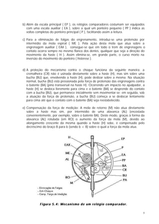 b) Além da escala principal ( EP ), os relógios comparadores costumam ser equipados
   com uma escala auxiliar ( EA ), sobre a qual um ponteiro pequeno ( PP ) indica as
   voltas completas do ponteiro principal ( P ), facilitando assim a leitura.

c) Para a eliminação de folgas do engrenamento, introduz-se uma protensão por
   intermédio da mola espiral ( ME ). Pela ação desta mola que atua sobre a
   engrenagem auxiliar ( EAX ), consegue-se que em todo o trem de engrenagens o
   contato ocorra sempre no mesmo flanco dos dentes, qualquer que seja a direção do
   movimento da haste ( H ). Assim elimina-se, em grande parte, o curso morto na
   inversão do movimento do ponteiro ( histerese ).


d) A proteção do mecanismo contra o choque funciona da seguinte maneira: a
   cremalheira (CR) não é usinada diretamente sobre a haste (H), mas sim sobre uma
   bucha (BU) que, envolvendo a haste (H), pode deslizar sobre a mesma. Na situação
   normal, bucha (BU) está pressionada pela força de protensão das engrenagens contra
   o batente (BA) (pino transversal na haste H). Ocorrendo um impacto no apalpador, a
   haste (H) se desloca livremente para cima e o batente (BA) se desprende do contato
   com a bucha (BU), que permanece inicialmente sem movimentar-se; em seguida, sob
   a atuação da força de protensão, a bucha (BU) começa a se deslocar lentamente
   para cima até que o contato com o batente (BA) seja reestabelecido.

e) Compensação da força de medição: A mola de retorno (M) não atua diretamente
   sobre a haste mas sim, por intermédio de uma alavanca (AL) (encostada
   convenientemente, por exemplo, sobre o batente BA). Deste modo, graças à forma da
   alavanca (AL) rotulada (em RO) o aumento da força da mola (M), devido ao
   alongamento crescente da mesma quando a haste (H) sobe, é compensado pelo
   decréscimo do braço B para b (sendo b < B) sobre o qual a força da mola atua.




           Figura 5.4: Mecanismo de um relógio comparador.

                                                                                    5
 