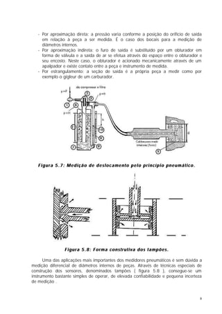 - Por aproximação direta: a pressão varia conforme a posição do orifício de saída
     em relação à peça a ser medida. É o caso dos bocais para a medição de
     diâmetros internos.
   - Por aproximação indireta: o furo de saída é substituído por um obturador em
     forma de válvula e a saída de ar se efetua através do espaço entre o obturador e
     seu encosto. Neste caso, o obturador é acionado mecanicamente através de um
     apalpador e existe contato entre a peça e instrumento de medida.
   - Por estrangulamento: a seção de saída é a própria peça a medir como por
     exemplo o gigleur de um carburador.




   Figura 5.7: Medição de deslocamento pelo princípio pneumático.




                Figura 5.8: Forma construtiva dos tampões.

      Uma das aplicações mais importantes dos medidores pneumáticos é sem dúvida a
medição diferencial de diâmetros internos de peças. Através de técnicas especiais de
construção dos sensores, denominados tampões ( figura 5.8 ), consegue-se um
instrumento bastante simples de operar, de elevada confiabilidade e pequena incerteza
de medição .


                                                                                    8
 