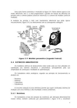 Uma outra forma construtiva é mostrada na figura 5.9. Neste sistema opera-se de
modo diferencial, isto é, o sinal proporcional é gerado em função da diferença de
pressão entre a câmara padrão (canal de referência) e a câmara do medidor (canal de
medição).

A medição de pressão é feita com manômetros diferencial que pode operar
mecanicamente ( figura 5.9 ) ou eletricamente com as consequentes vantagens.




             Figura 5.9: Medidor pneumático (segundo Federal).

5.4 ELÉTRICOS ANALÓGICOS

      Os medidores elétricos de deslocamento estão sendo cada vez mais utilizados em
substituição aos sistemas mecânicos e pneumáticos, principalmente pela sua
simplicidade de construção e facilidade de automatização.

      Os transdutores eletro analógicos, segundo seu princípio de funcionamento se
dividem em:

   -   Resistivos;
   -   Indutivos;
   -   Capacitivos;
   -   Fotoelétricos.

     A crescente evolução na área eletrônica permite que sejam construídos sistemas de
medição com erros mínimos e alta imunidade a fatores ambientais.

5.4.1 Resistivos

       Os transdutores à base da variação da resistência, por alteração dimensional do
resistor efetivo, também conhecido por potenciômetros ( figura 5.10 ), encontram

                                                                                     9
 