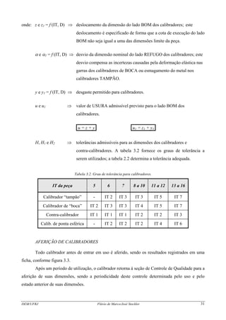DEM/UFRJ Flávio de Marco/José Stockler 31
onde: z e z1 = f (IT, D) ⇒ deslocamento da dimensão do lado BOM dos calibradores; este
deslocamento é especificado de forma que a cota de execução do lado
BOM não seja igual a uma das dimensões limite da peça.
α e α1 = f (IT, D) ⇒ desvio da dimensão nominal do lado REFUGO dos calibradores; este
desvio compensa as incertezas causadas pela deformação elástica nas
garras dos calibradores de BOCA ou esmagamento do metal nos
calibradores TAMPÃO.
y e y1 = f (IT, D) ⇒ desgaste permitido para calibradores.
u e u1 ⇒ valor de USURA admissível previsto para o lado BOM dos
calibradores.
.u = z + y. .u1 = z1 + y1.
H, H1 e H2 ⇒ tolerâncias admissíveis para as dimensões dos calibradores e
contra-calibradores. A tabela 3.2 fornece os graus de tolerância a
serem utilizados; a tabela 2.2 determina a tolerância adequada.
Tabela 3.2. Grau de tolerância para calibradores.
IT da peça 5 6 7 8 a 10 11 a 12 13 a 16
Calibrador “tampão” - IT 2 IT 3 IT 3 IT 5 IT 7
Calibrador de “boca” IT 2 IT 3 IT 3 IT 4 IT 5 IT 7
Contra-calibrador IT 1 IT 1 IT 1 IT 2 IT 2 IT 3
Calib. de ponta esférica - IT 2 IT 2 IT 2 IT 4 IT 6
AFERIÇÃO DE CALIBRADORES
Todo calibrador antes de entrar em uso é aferido, sendo os resultados registrados em uma
ficha, conforme figura 3.3.
Após um período de utilização, o calibrador retorna à seção de Controle de Qualidade para a
aferição de suas dimensões, sendo a periodicidade deste controle determinada pelo uso e pelo
estado anterior de suas dimensões.
 