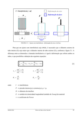 Deformação do eixo
Deformação do furo
F
F
deformação
do eixo
deformação
do furo
D
D
b
I = Interferência [ m]
FIGURA 5.1. Ajuste com interferência - deformação do eixo e do furo.
Para que um ajuste com interferência seja obtido, é necessário que o diâmetro externo do
tubo interno (Di) seja maior que o diâmetro interno do tubo externo (De), conforme a figura 5.1. A
diferença entre as dimensões é chamada interferência e é igual à deformação que sofrem ambos os
tubos, o que possibilita a dedução das seguintes equações:
. )()( ii
i
ee
e
x
E
D
x
E
D
P
I
υυ −++= . [1]
)1(
)1(
2
2
−
+
=
e
e
ex
θ
θ
)1(
)1(
2
2
−
+
=
i
i
ix
θ
θ
i
i
D
D
=θ
D
D e
e =θ
onde: I ⇒ interferência
P ⇒ pressão interna (pi) e externa (pe), pi = pe
D ⇒ diâmetro da interface
E ⇒ módulo de elasticidade longitudinal (módulo de Young) do material
ν ⇒ coeficiente de Poison
DEM/UFRJ Flávio de Marco/José Stockler 43
 