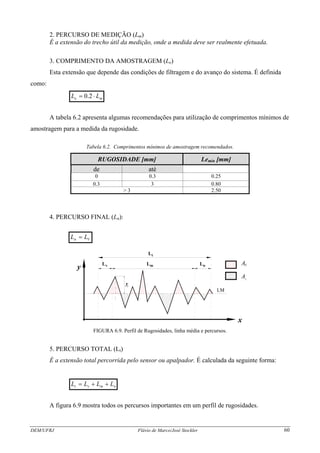 2. PERCURSO DE MEDIÇÃO (Lm)
É a extensão do trecho útil da medição, onde a medida deve ser realmente efetuada.
3. COMPRIMENTO DA AMOSTRAGEM (Le)
Esta extensão que depende das condições de filtragem e do avanço do sistema. É definida
como:
me LL ⋅= 2.0
A tabela 6.2 apresenta algumas recomendações para utilização de comprimentos mínimos de
amostragem para a medida da rugosidade.
Tabela 6.2. Comprimentos mínimos de amostragem recomendados.
RUGOSIDADE [mm] Lemin [mm]
de até
0 0.3 0.25
0.3 3 0.80
> 3 2.50
4. PERCURSO FINAL (Ln):
Vn LL =
y
x
A
A
S
i
LM
yi
Lv Lm Ln
Lt
FIGURA 6.9. Perfil de Rugosidades, linha média e percursos.
5. PERCURSO TOTAL (Lt)
É a extensão total percorrida pelo sensor ou apalpador. É calculada da seguinte forma:
nmvt LLLL ++=
A figura 6.9 mostra todos os percursos importantes em um perfil de rugosidades.
DEM/UFRJ Flávio de Marco/José Stockler 60
 