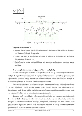 dxy
L
R
L
a .
1
0
∫⋅=
0
1
2
m
Percurso de medição Percurso finalPercurso inicial
Percurso total
(Lv) (Lm) (Ln)
(Lt)
y1
y2
y3
y4
y5
y6
y7
y1 y9
y8
LM
FIGURA 6.12. Rugosidade Média Aritmética – Ra
Emprego do parâmetro Ra:
• Quando for necessário o controle da rugosidade continuamente nas linhas de produção,
devido à sua facilidade de obtenção.
• Superfícies onde o acabamento apresenta os sulcos de usinagem bem orientados
(torneamento, fresagem, etc)
• Superfícies de pouca responsabilidade, por exemplo: acabamentos para fins apenas
estéticos.
Determinação do valor de cut-off para efetuar a medição Ra
Existem duas situações diferentes na seleção do valor de cut-off necessário para efetuar uma
medição de rugosidade: quando o perfil da peça é periódico e quando é aperiódico. Quando o perfil
é periódico o valor de cut-off depende da distância entre os sulcos deixados pelo avanço da
ferramenta no processo de usinagem, conforme tabela 6.3 abaixo.
Esta classificação resulta da exigência de que o comprimento de onda limite seja no mínimo
2,5 vezes maior que a distância entre sulcos e de no máximo 8 vezes. Essa distância pode ser
determinada a partir de um gráfico preliminar da superfície ou por meio de medição sobre a peça,
por exemplo, 10 sulcos para se determinar o espaçamento médio.
Quando o perfil é aperiódico o valor de cut-off tem relação com o grau de rugosidade média
Ra a ser avaliado. Estes perfis são normalmente resultantes de esmerilhamento, retificação,
fresagens de contorno e frontal sem inclinação, alargamento, deformação, etc. Para definir o valor
aproximado da rugosidade pode-se usar inicialmente um valor de cut-off também aproximado
(geralmente usa-se o valor 0,8 mm), conforme a tabela 6.4.
DEM/UFRJ Flávio de Marco/José Stockler 63
 