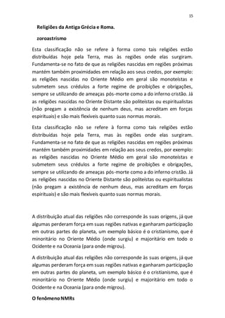 15
Religiões da Antiga Grécia e Roma.
zoroastrismo
Esta classificação não se refere à forma como tais religiões estão
distribuídas hoje pela Terra, mas às regiões onde elas surgiram.
Fundamenta-se no fato de que as religiões nascidas em regiões próximas
mantém também proximidades em relação aos seus credos, por exemplo:
as religiões nascidas no Oriente Médio em geral são monoteístas e
submetem seus crédulos a forte regime de proibições e obrigações,
sempre se utilizando de ameaças pós-morte como a do inferno cristão. Já
as religiões nascidas no Oriente Distante são politeístas ou espiritualistas
(não pregam a existência de nenhum deus, mas acreditam em forças
espirituais) e são mais flexíveis quanto suas normas morais.
Esta classificação não se refere à forma como tais religiões estão
distribuídas hoje pela Terra, mas às regiões onde elas surgiram.
Fundamenta-se no fato de que as religiões nascidas em regiões próximas
mantém também proximidades em relação aos seus credos, por exemplo:
as religiões nascidas no Oriente Médio em geral são monoteístas e
submetem seus crédulos a forte regime de proibições e obrigações,
sempre se utilizando de ameaças pós-morte como a do inferno cristão. Já
as religiões nascidas no Oriente Distante são politeístas ou espiritualistas
(não pregam a existência de nenhum deus, mas acreditam em forças
espirituais) e são mais flexíveis quanto suas normas morais.
A distribuição atual das religiões não corresponde às suas origens, já que
algumas perderam força em suas regiões nativas e ganharam participação
em outras partes do planeta, um exemplo básico é o cristianismo, que é
minoritário no Oriente Médio (onde surgiu) e majoritário em todo o
Ocidente e na Oceania (para onde migrou).
A distribuição atual das religiões não corresponde às suas origens, já que
algumas perderam força em suas regiões nativas e ganharam participação
em outras partes do planeta, um exemplo básico é o cristianismo, que é
minoritário no Oriente Médio (onde surgiu) e majoritário em todo o
Ocidente e na Oceania (para onde migrou).
O fenômenoNMRs
 