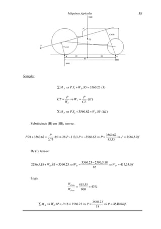 Máquinas Agrícolas                                     38




Solução:


                          ∑ M A ⇒ P.Y1 + W D .85 = 3560.23 ( I )


                                  P         P
                          CT =      ⇒ WT =    ( II )
                                 WT        CT


                          ∑ M B ⇒ P.Y2 + 3560.62 = WT .85 ( III )


     Substituindo (II) em (III), tem-se:


                     P                                         3560.62
 P.28 + 3560.62 =        .85 ⇒ 28.P − 113,3.P = −3560.62 ⇒ P =         ⇒ P = 2586,5 lbf
                    0,75                                        85,33


     De (I), tem-se:


                                                 3560.23 − 2586,5.18
     2586,5.18 + W D .85 = 3560.23 ⇒ W D =                           ⇒ W D = 415,55 lbf
                                                         85


     Logo,
                                  W D din       415,55
                                            =          = 43%
                                  W D est        960


                                                        3560.23
             ∑ M A ⇒ W D .85 + P.18 = 3560.23 ⇒ P =             ⇒ P = 4548,8 lbf
                                                          18
 