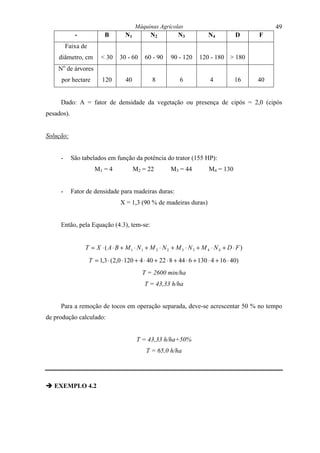 Máquinas Agrícolas                                      49
             -             B        N1          N2           N3            N4          D    F
         Faixa de
    diâmetro, cm         < 30     30 - 60    60 - 90     90 - 120     120 - 180 > 180
    No de árvores
     por hectare          120       40           8            6            4           16   40


     Dado: A = fator de densidade da vegetação ou presença de cipós = 2,0 (cipós
pesados).


Solução:


     -      São tabelados em função da potência do trator (155 HP):
                      M1 = 4             M2 = 22         M3 = 44           M4 = 130


     -      Fator de densidade para madeiras duras:
                                  X = 1,3 (90 % de madeiras duras)


     Então, pela Equação (4.3), tem-se:


                 T = X ⋅ ( A ⋅ B + M 1 ⋅ N1 + M 2 ⋅ N 2 + M 3 ⋅ N 3 + M 4 ⋅ N 4 + D ⋅ F )
                    T = 1,3 ⋅ ( 2,0 ⋅ 120 + 4 ⋅ 40 + 22 ⋅ 8 + 44 ⋅ 6 + 130 ⋅ 4 + 16 ⋅ 40)
                                            T = 2600 min/ha
                                             T = 43,33 h/ha


     Para a remoção de tocos em operação separada, deve-se acrescentar 50 % no tempo
de produção calculado:


                                          T = 43,33 h/ha+50%
                                              T = 65,0 h/ha




" EXEMPLO 4.2
 