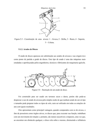 Máquinas Agrícolas                                    53




Figura 5.3 – Constituição de uma aiveca: 1 – Aiveca, 2 – Relha, 3 – Rasto, 4 – Suporte,
                                       5 – Coluna.


     5.1.2. Arados de Discos


     O arado de discos apareceu em substituição aos arados de aivecas e sua origem teve
como ponto de partida a grade de discos. Este tipo de arado é uma das máquinas mais
estudadas e aperfeiçoadas pelos engenheiros, técnicos e fabricantes de maquinaria agrícola.




                       Figura 5.4 – Ilustração de um arado de disco.


     Foi construído para ser usado em terrenos secos e duros, porém não pode-se
desprezar o uso do arado de aivecas pela simples razão de que nenhum arado de um só tipo
e tamanho pode preparar todos os tipos de solo, nem ser utilizado em todas as estações do
ano com iguais resultados.
     Eles apresentam como principal vantagem, quando comparados com os de aiveca, o
fato de possuírem como órgãos ativos, os discos que, para executar sua função, trabalham
com um movimento de rotação e, portanto, são menos suscetíveis a impactos, uma vez que,
ao encontrar um obstáculo qualquer, o disco rola sobre o mesmo, diminuindo a influência
 