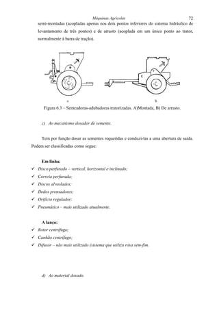 Máquinas Agrícolas                                   72
   semi-montadas (acopladas apenas nos dois pontos inferiores do sistema hidráulico de
   levantamento de três pontos) e de arrasto (acoplada em um único ponto ao trator,
   normalmente à barra de tração).




      Figura 6.3 – Semeadoras-adubadoras tratorizadas. A)Montada, B) De arrasto.


     c) Ao mecanismo dosador de semente.


     Tem por função dosar as sementes requeridas e conduzi-las a uma abertura de saída.
Podem ser classificadas como segue:


     Em linha:
! Disco perfurado – vertical, horizontal e inclinado;
! Correia perfurada;
! Discos alveolados;
! Dedos prensadores;
! Orifício regulador;
! Pneumático – mais utilizado atualmente.


     A lanço:
! Rotor centrífugo;
! Canhão centrífugo;
! Difusor – não mais utilizado (sistema que utiliza rosa sem-fim.




     d) Ao material dosado.
 