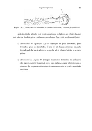 Máquinas Agrícolas                                      80




 Figura 7.3 – Cilindro axial de colhedora: 1- condutor helicoidal; 2- dentes; 3- ventilador.


      Atrás do cilindro trilhador pode existir, em algumas colhedoras, um cilindro batedor,
cuja principal função é retirar a palha que eventualmente fique retida no cilindro trilhador.


      d) Mecanismos de Separação. Age na separação de grãos debulhados, palha
         triturada e grãos não-debulhados. É feita em três lugares diferentes: na grelha
         formada pela barras do côncavo, na grelha sob o cilindro batedor e no saca-
         palhas.


      e) Mecanismos de Limpeza. Os principais mecanismos de limpeza nas colhedoras
         são: peneira superior (localizada sob o saca-palhas), peneira inferior(separa as
         sementes dos pequenos resíduos que atravessam com elas na peneira superior) e
         ventilador.
 