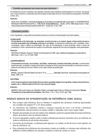 Metodologia do Trabalho Científico   101 

     Trabalho apresentado em evento em meio eletrônico 
  As referências devem obedecer aos padrões indicados para trabalhos apresentados em eventos, de acordo 
  com o tópico anterior, acrescidas das informações à descrição física do meio eletrônico (disquetes, CD­ROM, 
  online, etc.). 
  Exemplo: 
   SILVA, R. N.; OLIVEIRA, T. Os limites pedagógicos do paradigma da qualidade total na educação. In: CONGRESSO DE 
   INICIAÇÃO CIENTÍFICA DA UFPe, 4., 1996, Recife. Anais eletrônicos.... Recife.: UFPe, 1996. Disponível em: <http:/ 
   /www.propesq.ufpe.br/anais/anais/educ/ce04.htm>.  Acesso em: 21 jan. 1997. 


    Documento jurídico 
  Inclui: legislação, jurisprudência (decisões judiciais) e doutrina (interpretação dos textos legais). 

  LEGISLAÇÃO 
   Compreende a Constituição, as emendas constitucionais e os textos legais infraconstitucionais e 
   normas emanadas das entidades públicas e privadas: os elementos essenciais são: jurisdição, título, 
   numeração,  data  e  dados  da  publicação.  No  caso  de  Constituições  e  suas  emendas,  entre  o  nome  da 
   jurisdição e o título, acrescenta­se a palavra Constituição, seguida do ano de promulgação, entre parênteses. 
  Exemplo: 
   SÃO PAULO (Estado). Decreto nº 42.822, de 20 de janeiro de 1998. Lex: coletânea de legislação e jurisprudência, 
   São Paulo, v. 62, n. 3, p. 217­220, 1998. 


  JURISPRUDÊNCIA 
   Compreende súmulas, enunciados, acórdãos, sentenças e demais decisões judiciais: os elementos 
   essenciais são: jurisdição e órgão judicionário competente, título (natureza da decisão ou ementa) e número, 
   partes envolvidas (se houver), relator, local, data e dados da publicação. 
  Exemplo: 
   BRASIL. Supremo Tribunal Federal. Súmula nº 14. In: ________. Súmulas. São Paulo:  Associação dos Advogados do 
   Brasil, 1994. p.16. 

  DOUTRINA 
   Inclui toda e qualquer disposição técnica sobre questões legais (monografias, artigos de periódicos, 
   papers, etc.), referenciada conforme o tipo de publicação. 
  Exemplo: 
   BARROS, Raimundo Gomes de. Ministério Público: sua legitimação frente ao Código do Consumidor. Revista 
   Trimestral de Jurisprudência dos Estados. São Paulo, v. 19, n. 139, p. 53­72, ago. 1995. 



REGRAS GERAI S DE AP RESENTAÇÃO DE REFERÊNCI A (NBR 2002a)
  ·  Para compor cada referência, deve­se obedecer à seqüência dos elementos conforme apresentados 
     nos exemplos das páginas 97 a 101 desta unidade.
  ·  As  referências  são  alinhadas  somente  à  margem  esquerda  do  texto  e  de  forma  a  identificar 
     individualmente cada documento em espaço simples e separados entre si por espaço duplo.
  ·  Quando apresentadas em nota de rodapé serão alinhadas a partir da segunda linha da mesma referência, 
     abaixo da primeira letra da primeira palavra.
  ·  O recurso tipográfico negrito, grifo ou itálico utilizado para destacar elementos deve ser uniforme em 
     todas as referências de um mesmo documento.
  ·  Em termos de localização, a referência pode aparecer: no rodapé, no fim de texto ou de capítulo, em 
     lista de referência, etc.
  ·  Para ordenação das referências dos documentos citados no trabalho, os sistemas mais utilizados são: 
     alfabético (ordem alfabética de entrada) e numérico (ordem de citação no texto).
 