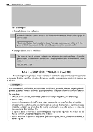 108     UNIUBE ­ Educação a Distância 




         Veja os exemplos!
         ·  Exemplo de uma nota explicativa:

                                                                                         1 
                 Essa idéia de Infante vem ao encontro das idéias de Bresser em um debate  sobre o papel da 
                 universidade. 

                 1 
                  Debate entre Marilena Chauí e Luiz Carlos Bresser Pereira, que marcou a abertura pública do IV Con­ 
                 gresso da USP. O título do debate foi “Que universidade queremos: crítica ou produtivista?”. 


         ·  Exemplo de uma nota de referência: 

                 “Do ponto de vista da teoria do conhecimento, a imaginação possui duas faces: a de auxiliar 
                 precioso para o conhecimento da verdade e a de perigo imenso para o conhecimento verda­ 
                        2 
                 deiro.” 
                 2 
                      CHAUÍ, 2000, p. 135. 



                           4.6.7  I LUSTRAÇÕES,  TABELA S  E  QUA DROS 
         Constituem parte integrante do desenvolvimento de um trabalho e desempenham papel significativo 
na expressão de idéias científicas e técnicas. Devem ser inseridos o mais próximo possível do trecho a que 
se referem. 

         Ilustrações

      São os desenhos, esquemas, fluxogramas, fotografias, gráficos, mapas, organogramas, 
      pantas, quadros, retratos e outros, que explicitam ou complementam visualmente o texto. 
      Sugestões: 
       ­  utilizar linhas visíveis, escala real (não existe tempo negativo, por exemplo); 
       ­  evitar cores; 
       ­  somente ligar pontos de gráficos se estes representarem uma função matemática; 
       ­  clolocar uma escala legível e condizente com o número de algarismos significativos da 
          medida,  colocar  as  unidades  de  forma  inteligível  e  usando  sempre  o  sistema 
          internacional de medidas ­ SI; 
       ­  a legenda deve conter todas as informações a respeito da figura de modo que ela e a 
          figura formem um corpo independente do texto; 
       ­  evitar misturar as palavras esquema, gráfico ou figura, utilize, preferencialmente, o 
          termo figura. 
 