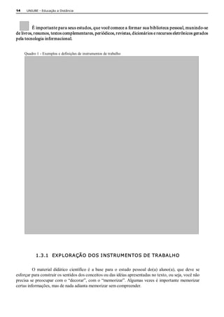 14    UNIUBE ­ Educação a Distância 




         É importante para seus estudos, que você comece a formar sua biblioteca pessoal, munindo­se 
de livros, resumos, textos complementares, periódicos, revistas, dicionários e recursos eletrônicos gerados 
pela tecnologia informacional. 


     Quadro 1 ­ Exemplos e definições de instrumentos de trabalho 




            1.3.1  EXP LORAÇÃO DOS I NSTRUMENTOS DE TRABALHO


          O  material  didático  científico  é  a  base  para  o  estudo  pessoal  do(a)  aluno(a),  que  deve  se 
esforçar para construir os sentidos dos conceitos ou das idéias apresentadas no texto, ou seja, você não 
precisa se preocupar  com o “decorar”, com  o “memorizar”. Algumas vezes  é importante memorizar 
certas informações, mas de nada adianta memorizar sem compreender. 
 