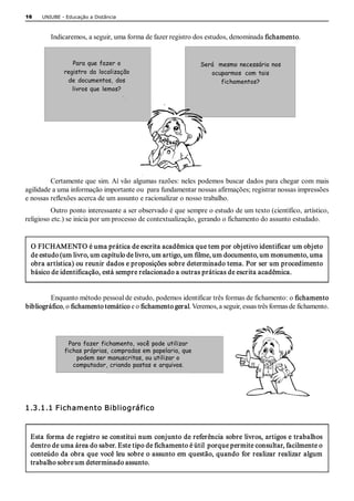 16    UNIUBE ­ Educação a Distância 



         Indicaremos, a seguir, uma forma de fazer registro dos estudos, denominada fichamento. 


                 Para que fazer o                              Será mesmo necessário nos
              registro da localização                             ocuparmos com tais
               de documentos, dos                                    fichamentos?
                 livros que lemos?




         Certamente que sim. Aí vão algumas razões: neles podemos buscar dados para chegar com mais 
agilidade a uma informação importante ou  para fundamentar nossas afirmações; registrar nossas impressões 
e nossas reflexões acerca de um assunto e racionalizar o nosso trabalho. 
          Outro ponto interessante a ser observado é que sempre o estudo de um texto (científico, artístico, 
religioso etc.) se inicia por um processo de contextualização, gerando o fichamento do assunto estudado. 


 O FICHAMENTO é uma prática de escrita acadêmica que tem por objetivo identificar um objeto 
 de estudo (um livro, um capítulo de livro, um artigo, um filme, um documento, um monumento, uma 
 obra artística) ou reunir dados e proposições sobre determinado tema. Por ser um procedimento 
 básico de identificação, está sempre relacionado a outras práticas de escrita acadêmica. 


         Enquanto método pessoal de estudo, podemos identificar três formas de fichamento: o fichamento 
bibliográfico, o fichamento temático e o fichamento geral. Veremos, a seguir, essas três formas de fichamento. 




                Para fazer fichamento, você pode utilizar
              fichas próprias, compradas em papelaria, que
                   podem ser manuscritas, ou utilizar o
                 computador, criando pastas e arquivos. 




1.3.1.1 Fichamento Bibliográfico



 Esta forma de registro se constitui num conjunto de referência sobre livros, artigos e trabalhos 
 dentro de uma área do saber. Este tipo de fichamento é útil  porque permite consultar, facilmente o 
 conteúdo da obra que você leu sobre o assunto em questão, quando for realizar realizar algum 
 trabalho sobre um determinado assunto. 
 