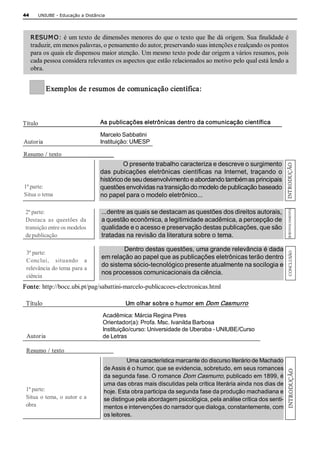 44     UNIUBE ­ Educação a Distância 




     RESUM O:  é um texto de dimensões menores do que o texto que lhe dá origem. Sua finalidade é 
     traduzir, em menos palavras, o pensamento do autor, preservando suas intenções e realçando os pontos 
     para os quais ele dispensou maior atenção. Um mesmo texto pode dar origem a vários resumos, pois 
     cada pessoa considera relevantes os aspectos que estão relacionados ao motivo pelo qual está lendo a 
     obra. 


            Exemplos de r esumos de comunicação científica: 



Título                            As publicações eletrônicas dentro da comunicação científica 

                                  Marcelo Sabbatini 
Autor ia                          Instituição: UMESP 

Resumo /  texto 




                                                                                                               INTRODUÇÃO 
                                           O presente trabalho caracteriza e descreve o surgimento 
                                  das  pubicações  eletrônicas  científicas  na  Internet,  traçando  o 
                                  histórico de seu desenvolvimento e abordando também as principais 
1ª parte:                         questões envolvidas na transição do modelo de publicação baseado 
Situa o tema                      no papel para o modelo eletrônico... 




                                                                                                                DESENVOLVIMENTO 
 2ª parte:                        ...dentre as quais se destacam as questões dos direitos autorais, 
 Destaca  as  questões  da        a questão econômica, a legitimidade acadêmica, a percepção de 
 transição entre os modelos       qualidade e o acesso e preservação destas publicações, que são 
 de publicação                    tratadas na revisão da literatura sobre o tema. 

                                          Dentro destas questões, uma grande relevância é dada 




                                                                                                                CONCLUSÃO 
 3ª parte: 
                                  em relação ao papel que as publicações eletrônicas terão dentro 
 Conclui,  situando  a 
                                  do sistema sócio­tecnológico presente atualmente na socilogia e 
 relevância do tema para a 
                                  nos processos comunicacionais da ciência. 
 ciência 
Fonte: http://bocc.ubi.pt/pag/sabattini­marcelo­publicacoes­electronicas.html 

 Título                                    Um olhar sobre o humor em Dom Casmurro  

                                   Acadêmica: Márcia Regina Pires 
                                   Orientador(a): Profa. Msc. Ivanilda Barbosa 
                                   Instituição/curso: Universidade de Uberaba ­ UNIUBE/Curso 
 Autor ia                          de Letras 

 Resumo /  texto 
                                             Uma característica marcante do discurso literário de Machado 
                                   de Assis é o humor, que se evidencia, sobretudo, em seus romances 
                                                                                                                INTRODUÇÃO




                                   da segunda fase. O romance Dom Casmurro, publicado em 1899, é 
                                   uma das obras mais discutidas pela crítica literária ainda nos dias de 
 1ª parte:                         hoje. Esta obra participa da segunda fase da produção machadiana e 
 Situa o tema, o  autor e a        se distingue pela abordagem psicológica, pela análise crítica dos senti­ 
 obra                              mentos e intervenções do narrador que dialoga, constantemente, com 
                                   os leitores. 
 