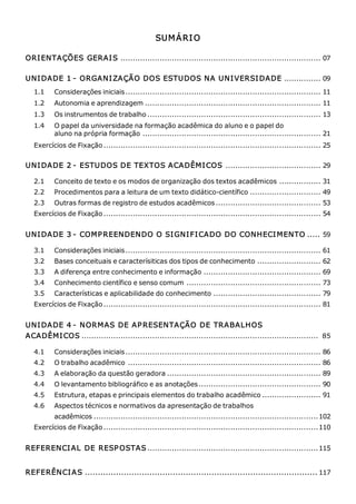 Metodologia do Trabalho Científico   5



                                                 SUM Á RI O 

ORI ENTAÇÕES GERAI S .................................................................................. 07 

UNI DADE 1 ­  ORGANI ZAÇÃO DOS ESTUDOS NA UNI VERSI DADE ............... 09 
   1.1    Considerações iniciais ................................................................................ 11 
   1.2    Autonomia e aprendizagem ........................................................................ 11 
   1.3    Os instrumentos de trabalho ....................................................................... 13 
   1.4    O papel da universidade na formação acadêmica do aluno e o papel do 
          aluno na própria formação ......................................................................... 21 
   Exercícios de Fixação ......................................................................................... 25 


UNI DADE 2 ­  ESTUDOS DE TEXTOS ACADÊMI COS  ....................................... 29 

   2.1    Conceito de texto e os modos de organização dos textos acadêmicos ................. 31 
   2.2    Procedimentos para a leitura de um texto didático­científico ............................. 49 
   2.3    Outras formas de registro de estudos acadêmicos ........................................... 53 
   Exercícios de Fixação ......................................................................................... 54 


UNI DADE 3 ­  COMP REENDENDO O SI GNI FI CADO DO CONHECI MENTO ..... 59 

   3.1    Considerações iniciais ................................................................................ 61 
   3.2    Bases conceituais e caracterísiticas dos tipos de conhecimento .......................... 62 
   3.3    A diferença entre conhecimento e informação ................................................ 69 
   3.4    Conhecimento científico e senso comum ....................................................... 73 
   3.5    Características e aplicabilidade do conhecimento ............................................ 79 
   Exercícios de Fixação ......................................................................................... 81 


UNI DADE 4 ­  NORMAS DE AP RESENTAÇÃO DE TRABALHOS 
ACADÊMI COS .................................................................................................  85 

   4.1    Considerações iniciais ................................................................................ 86 
   4.2    O trabalho acadêmico ............................................................................... 86 
   4.3    A elaboração da questão geradora ............................................................... 89 
   4.4    O levantamento bibliográfico e as anotações .................................................. 90 
   4.5    Estrutura, etapas e principais elementos do trabalho acadêmico ........................ 91 
   4.6    Aspectos técnicos e normativos da apresentação de trabalhos 
          acadêmicos ............................................................................................102 
   Exercícios de Fixação ........................................................................................110 


REFERENCI AL DE RESP OSTAS ......................................................................115 


REFERÊNCI A S .......................................................................................... 117
 