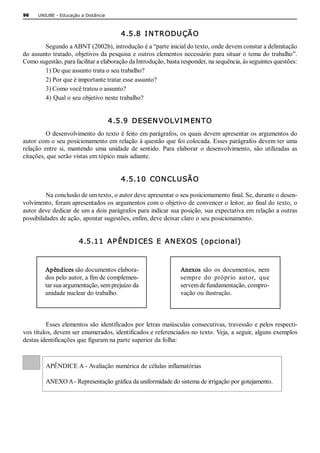 96    UNIUBE ­ Educação a Distância 



                                          4.5.8  I N TRODU ÇÃ O 
        Segundo a ABNT (2002b), introdução é a “parte inicial do texto, onde devem constar a delimitação 
do assunto tratado, objetivos da pesquisa e outros elementos necessário para situar o tema do trabalho”. 
Como sugestão, para facilitar a elaboração da Introdução, basta responder, na sequência, às seguintes questões: 
        1) De que assunto trata o seu trabalho? 
        2) Por que é importante tratar esse assunto? 
        3) Como você tratou o assunto? 
        4) Qual o seu objetivo neste trabalho? 


                                       4.5.9  DESEN VOLVI M EN TO 
          O desenvolvimento do texto é feito em parágrafos, os quais devem apresentar os argumentos do 
autor com o seu posicionamento em relação à questão que foi colocada. Esses parágrafos devem ter uma 
relação  entre  si,  mantendo  uma  unidade  de  sentido.  Para  elaborar  o  desenvolvimento,  são  utilizadas  as 
citações, que serão vistas em tópico mais adiante. 


                                          4.5.10  CON CLUSÃ O 

          Na conclusão de um texto, o autor deve apresentar o seu posicionamento final. Se, durante o desen­ 
volvimento, foram apresentados os argumentos com o objetivo de convencer o leitor, ao final do texto, o 
autor deve dedicar de um a dois parágrafos para indicar sua posição, sua expectativa em relação a outras 
possibilidades de ação, apontar sugestões, enfim, deve deixar claro o seu posicionamento. 


                       4.5.11  AP ÊN DI CES  E  AN EXOS  ( opcional) 



         Apêndices são documentos elabora­                        Anexos  são  os  documentos,  nem 
         dos pelo autor, a fim de complemen­                      sempre  do  próprio  autor,  que 
         tar sua argumentação, sem prejuízo da                    servem de fundamentação, compro­ 
         unidade nuclear do trabalho.                             vação ou ilustração. 



          Esses elementos são identificados por letras maiúsculas consecutivas, travessão e pelos respecti­ 
vos títulos, devem ser enumerados, identificados e referenciados no texto. Veja, a seguir, alguns exemplos 
destas identificações que figuram na parte superior da folha: 



         APÊNDICE A ­ Avaliação numérica de células inflamatórias 

         ANEXO A ­ Representação gráfica da uniformidade do sistema de irrigação por gotejamento.
 