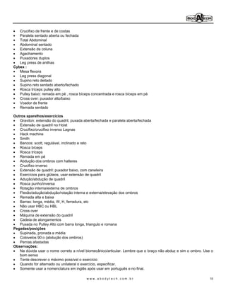 Crucifixo de frente e de costas
   Paralela sentado aberta ou fechada
   Total Abdominal
   Abdominal sentado
   Extensão da coluna
   Agachamento
   Puxadores duplos
   Leg press de anilhas
Cybex :
   Mesa flexora
   Leg press diagonal
   Supino reto deitado
   Supino reto sentado aberto/fechado
   Rosca tríceps pulley alto
   Pulley baixo: remada em pé , rosca bíceps concentrada e rosca bíceps em pé
   Cross over: puxador alto/baixo
   Voador de frente
   Remada sentado

Outros aparelhos/exercícios
   Graviton: extensão do quadril, puxada aberta/fechada e paralela aberta/fechada
   Extensão de quadril no Hoist
   Crucifixo/crucifixo inverso Lagnas
   Hack machine
   Smith
   Bancos: scott, regulável, inclinado e reto
   Rosca bíceps
   Rosca tríceps
   Remada em pé
   Abdução dos ombros com halteres
   Crucifixo inverso
   Extensão de quadril: puxador baixo, com caneleira
   Exercícios para glúteos, usar extensão de quadril
   Adução/abdução de quadril
   Rosca punho/inversa
   Rotação interna/externa de ombros
   Flexão/adução/abdução/rotação interna e externa/elevação dos ombros
   Remada alta e baixa
   Barras: longa, média, W, H, ferradura, etc
   Não usar HBC ou HBL
   Cross over
   Máquina de extensão do quadril
   Cadeia de alongamentos
   Puxada no Pulley Alto com barra longa, triangulo e romana
Pegadas/posições
   Supinada, pronada e média
   Cotovelos 90 o (abdução dos ombros)
   Pernas afastadas
Observações:
   Na dúvida usar o nome correto a nível biomecânico/articular. Lembre que o braço não abduz e sim o ombro. Use o
   bom senso
   Tente descrever o máximo possível o exercício
   Quando for alternado ou unilateral o exercício, especificar.
   Somente usar a nomenclatura em inglês após usar em português e no final.

                                          www.abodytech.com.br                                                 10
 