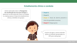 Como você pode notar no fluxograma
de classificação de risco para dengue e
observou na discussão dos casos na unidade
3, a doença possui 4 tipos de estadiamentos
clínicos, divididos em grupos:
Estadiamento clínico e conduta
• Grupo A;
• Grupo B;
• Grupo C: Sinais de alarme presente e
sinais de gravidade ausentes;
• Grupo D: Dengue grave.
A partir de agora, vamos entender
quais as condutas apropriadas na
APS para cada grupo.
(BRASIL, 2016)
 