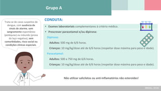 Grupo A
Trata-se de casos suspeitos de
dengue, com ausência de
sinais de alarme, sem
sangramento espontâneo
(petéquias) ou induzido (prova
do laço negativa), sem
comorbidades, risco social ou
condições clínicas especiais.
CONDUTA:
Não utilizar salicilatos ou anti-inflamatórios não esteroides!
• Exames laboratoriais complementares à critério médico.
• Prescrever paracetamol e/ou dipirona:
Dipirona:
Adultos: 500 mg de 6/6 horas.
Crianças: 10 mg/kg/dose até de 6/6 horas (respeitar dose máxima para peso e idade).
Paracetamol:
Adultos: 500 a 750 mg de 6/6 horas.
Crianças: 10 mg/kg/dose até de 6/6 horas (respeitar dose máxima para peso e idade).
(BRASIL, 2016)
 