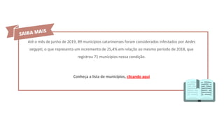 Até o mês de junho de 2019, 89 municípios catarinenses foram considerados infestados por Aedes
aegypti, o que representa um incremento de 25,4% em relação ao mesmo período de 2018, que
registrou 71 municípios nessa condição.
Conheça a lista de municípios, clicando aqui
 