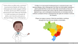 Como vimos na vídeo-aula, o primeiro
Levantamento Rápido de Índices de
Infestação pelo Aedes aegypti (LIRAa)
de 2019, aponta que 994 municípios
apresentaram alto índice de infestação
e 2.160 municípios em situação de
alerta, com risco de surto para as
doenças dengue, zika e chikungunya.
O LIRAa é um instrumento fundamental para o controle do vetor e das
doenças (dengue, zika e chikungunya). Com base nas informações coletadas, o
gestor pode identificar os bairros onde estão concentrados os focos de
reprodução do mosquito, bem como o tipo de criadouro predominante. O
objetivo é que, com a realização do levantamento, os municípios tenham
melhores condições de fazer o planejamento das ações de combate e controle
do mosquito.
Clique no mapa e acesse a lista de município e conheça
situação de risco do seu estado e município.
(BRASIL, 2019a)
 