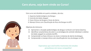 Este curso será dividido em quatro unidades, são elas:
1. Aspectos Epidemiológicos da Dengue
2. Controle do Aedes Aegypti
3. Fases Clínicas da Dengue e Sinais de Alerta
4. Manejo Clínico com Classificação de Risco da Dengue na APS
Objetivos do minicurso
● Apresentar a situação epidemiológica da dengue no Brasil e em Santa Catarina;
● Identificar características do vetor e as estratégias de controle individual e coletivo
do Aedes aegypti no contexto da APS;
● Compreender as fases clínicas e os sinais e sintomas de alarme da dengue;
● Compreender o manejo clínico com classificação de risco da dengue na APS.
Caro aluno, seja bem vindo ao Curso!
Esperamos que você tenha momentos de estudos
proveitosos em nossa companhia!
 