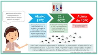 Abaixo
17ºC
21 a
40ºC
Acima
de 40ºC
A temperatura no meio
urbano condiciona a
proliferação dos insetos
vetores da dengue .
O vetor tem boa longevidade
no calor e se reproduz com
maior velocidade. Isto
explica o aumento de casos
de dengue no verão.
Outro fator favoráveis à proliferação do vetor é a permanência de altos índices de
umidade relativa do ar, superior a 70%, responsáveis pela precipitações, criação e
manutenção dos reservatórios de água utilizados como criadouros naturais.
O mosquito morre e não
há eclosão dos ovos. A
larva entra no estado de
hibernação no frio e
quando voltam as chuvas e
as altas temperaturas, as
larvas eclodem e há
contaminação novamente.
A reprodução do inseto
é comprometida.
(FORATINI, BRITO, 2003; LIMA, 2016; VIANA, IGNOTTI, 2003)
 
