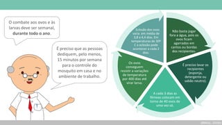 Não basta jogar
fora a água, pois os
ovos ficam
agarrados em
cantos ou bordas
dos recipientes.
É preciso lavar os
recipientes
(esponja,
detergente ou
sabão neutro).
A cada 3 dias as
fêmeas colocam em
torno de 40 ovos de
uma vez só.
Os ovos
conseguem
resistir a variações
de temperatura
por 400 dias até
virar larva.
Eclosão dos ovos
varia em média de
3,8 a 4,4 dias. Em
temperaturas de 30º
C a eclosão pode
acontecer a cada 2
dias.
É preciso que as pessoas
dediquem, pelo menos,
15 minutos por semana
para o controle do
mosquito em casa e no
ambiente de trabalho.
(BRASIL, 2019b)
O combate aos ovos e às
larvas deve ser semanal,
durante todo o ano.
 