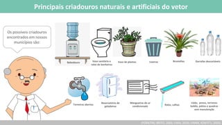 Os possíveis criadouros
encontrados em nossos
municípios são:
(FORATINI, BRITO, 2003; LIMA, 2016; VIANA, IGNOTTI, 2003).
Principais criadouros naturais e artificiais do vetor
Bebedouro Vaso de plantas
Vaso sanitário e
ralos de banheiros
Reservatório de
geladeiras
Torneiras abertas
Lixão, pneus, terrenos
baldio, pátios e quadras
sem manutenção
Ralos, calhas
Lixeiras
Mangueiras do ar
condicionado
Garrafas descartáveis
Bromélias
 