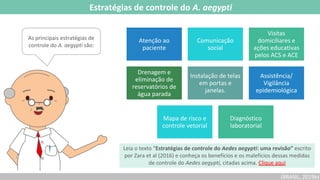 Estratégias de controle do A. aegypti
(BRASIL, 2019b)
As principais estratégias de
controle do A. aegypti são:
Atenção ao
paciente
Comunicação
social
Visitas
domiciliares e
ações educativas
pelos ACS e ACE
Drenagem e
eliminação de
reservatórios de
água parada
Instalação de telas
em portas e
janelas.
Assistência/
Vigilância
epidemiológica
Mapa de risco e
controle vetorial
Diagnóstico
laboratorial
Leia o texto “Estratégias de controle do Aedes aegypti: uma revisão” escrito
por Zara et al (2016) e conheça os benefícios e os malefícios dessas medidas
de controle do Aedes aegypti, citadas acima. Clique aqui
 