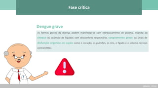 Fase crítica
Dengue grave
As formas graves da doença podem manifestar-se com extravasamento de plasma, levando ao
choque ou acúmulo de líquidos com desconforto respiratório, sangramento grave ou sinais de
disfunção orgânica em órgãos como o coração, os pulmões, os rins, o fígado e o sistema nervoso
central (SNC).
(BRASIL, 2016)
 