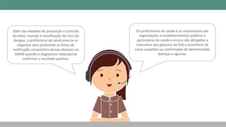 Além das medidas de prevenção e controle
do vetor, manejo e classificação de risco da
dengue, o profissional de saúde precisa se
organizar para preencher as fichas de
notificação compulsória dessas doenças no
SINAN quando o diagnóstico laboratorial
confirmar o resultado positivo.
Os profissionais da saúde e os responsáveis por
organizações e estabelecimentos públicos e
particulares de saúde e ensino são obrigados a
comunicar aos gestores do SUS a ocorrência de
casos suspeitos ou confirmados de determinadas
doenças e agravos.
 