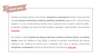 Conheça as principais doenças transmissíveis emergentes e reemergentes fazendo a leitura do texto
intitulado Doenças transmissíveis, endemias, epidemias e pandemias (páginas 143 – 155), escrito por
Expedito J. A. Luna e Jarbas Barbosa da Silva Júnior, capítulo do livro A saúde no Brasil em 2030 -
prospecção estratégica do sistema de saúde brasileiro: população e perfil sanitário. Para acessá-lo,
clique aqui.
Leia também o artigo Trajetória das doenças infecciosas no Brasil nos últimos 50 anos: um contínuo
desafio, escrito por Waldman e Sato (2016), e conheça as principais características das doenças
infecciosas com tendência de declínio alto e moderado, bem como as doenças transmissíveis
emergentes e reemergentes no Brasil nos últimos 50 anos. Para acessá-lo, clique aqui.
 