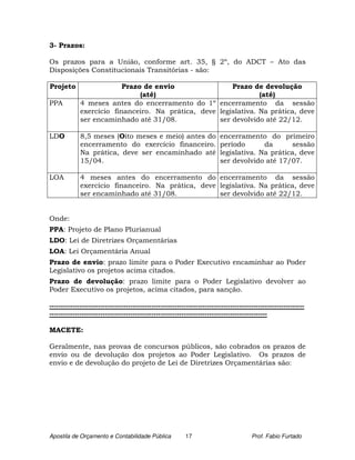 3- Prazos:

Os prazos para a União, conforme art. 35, § 2º, do ADCT – Ato das
Disposições Constitucionais Transitórias - são:

Projeto                   Prazo de envio                Prazo de devolução
                               (até)                             (até)
PPA          4 meses antes do encerramento do 1º encerramento da sessão
             exercício financeiro. Na prática, deve legislativa. Na prática, deve
             ser encaminhado até 31/08.             ser devolvido até 22/12.

LDO          8,5 meses (Oito meses e meio) antes do                      encerramento do primeiro
             encerramento do exercício financeiro.                       período       da      sessão
             Na prática, deve ser encaminhado até                        legislativa. Na prática, deve
             15/04.                                                      ser devolvido até 17/07.

LOA          4 meses antes do encerramento do encerramento da sessão
             exercício financeiro. Na prática, deve legislativa. Na prática, deve
             ser encaminhado até 31/08.             ser devolvido até 22/12.


Onde:
PPA: Projeto de Plano Plurianual
LDO: Lei de Diretrizes Orçamentárias
LOA: Lei Orçamentária Anual
Prazo de envio: prazo limite para o Poder Executivo encaminhar ao Poder
Legislativo os projetos acima citados.
Prazo de devolução: prazo limite para o Poder Legislativo devolver ao
Poder Executivo os projetos, acima citados, para sanção.

--------------------------------------------------------------------------------------------------------------
----------------------------------------------------------------------------------------------

MACETE:

Geralmente, nas provas de concursos públicos, são cobrados os prazos de
envio ou de devolução dos projetos ao Poder Legislativo. Os prazos de
envio e de devolução do projeto de Lei de Diretrizes Orçamentárias são:




Apostila de Orçamento e Contabilidade Pública             17                           Prof. Fabio Furtado
 