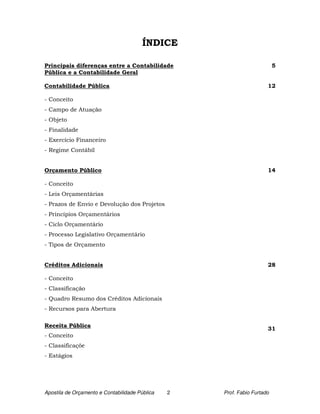 ÍNDICE

Principais diferenças entre a Contabilidade                               5
Pública e a Contabilidade Geral

Contabilidade Pública                                                 12

- Conceito
- Campo de Atuação
- Objeto
- Finalidade
- Exercício Financeiro
- Regime Contábil


Orçamento Público                                                     14

- Conceito
- Leis Orçamentárias
- Prazos de Envio e Devolução dos Projetos
- Princípios Orçamentários
- Ciclo Orçamentário
- Processo Legislativo Orçamentário
- Tipos de Orçamento


Créditos Adicionais                                                   28

- Conceito
- Classificação
- Quadro Resumo dos Créditos Adicionais
- Recursos para Abertura

Receita Pública
                                                                      31
- Conceito
- Classificaçõe
- Estágios




Apostila de Orçamento e Contabilidade Pública   2   Prof. Fabio Furtado
 