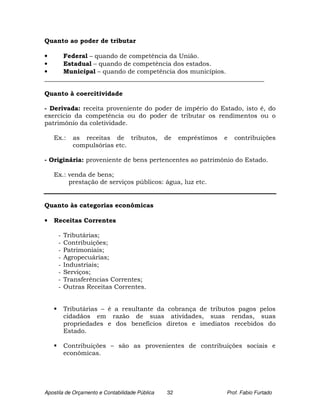 Quanto ao poder de tributar

•     Federal – quando de competência da União.
•     Estadual – quando de competência dos estados.
•     Municipal – quando de competência dos municípios.
______________________________________________________________________

Quanto à coercitividade

- Derivada: receita proveniente do poder de império do Estado, isto é, do
exercício da competência ou do poder de tributar os rendimentos ou o
patrimônio da coletividade.

    Ex.:   as receitas de tributos,             de   empréstimos   e   contribuições
           compulsórias etc.

- Originária: proveniente de bens pertencentes ao patrimônio do Estado.

    Ex.: venda de bens;
         prestação de serviços públicos: água, luz etc.


Quanto às categorias econômicas

•   Receitas Correntes

     -   Tributárias;
     -   Contribuições;
     -   Patrimoniais;
     -   Agropecuárias;
     -   Industriais;
     -   Serviços;
     -   Transferências Correntes;
     -   Outras Receitas Correntes.


         Tributárias – é a resultante da cobrança de tributos pagos pelos
         cidadãos em razão de suas atividades, suas rendas, suas
         propriedades e dos benefícios diretos e imediatos recebidos do
         Estado.

         Contribuições – são as provenientes de contribuições sociais e
         econômicas.




Apostila de Orçamento e Contabilidade Pública   32                 Prof. Fabio Furtado
 