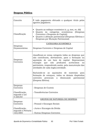 Despesa Pública


Conceito                 É todo pagamento efetuado a qualquer título pelos
                         agentes pagadores.


                         •   Quanto ao enfoque econômico (c, g, mm, ee, dd)
                         •   Quanto às categorias econômicas (Despesas
Classificação                Correntes e Despesas de Capital);
                         •   Quanto à afetação patrimonial (Despesas Efetivas e
                             Despesas por Mutação Patrimonial)

                                           CATEGORIA ECONÔMICA
Despesas
Orçamentárias            Despesas Correntes e Despesas de Capital


                         classificam-se nessa categoria todas as despesas que
                         não contribuem, diretamente, para a formação ou
Despesas                 aquisição de um bem de capital. Representam
Correntes                encargos que não produzem acréscimos no
                         patrimônio, respondendo assim, pela manutenção das
                         atividades de cada órgão/atividade.

                         Excluindo-se as aquisições de materiais para
                         formação de estoques, todos os demais dispêndios
                         correntes provocam a diminuição patrimonial
                         (Despesa Efetiva).

Despesas
Correntes                - Despesas de Custeio

Classificação,           - Transferências Correntes
segundo a Lei
4.320/64
                                   GRUPOS DE NATUREZA DE DESPESA
Despesas
Correntes                - Pessoal e Encargos Sociais

Classificação,     - Juros e Encargos da Dívida
segundo a Portaria
163/2001           - Outras Despesas Correntes



Apostila de Orçamento e Contabilidade Pública   83             Prof. Fabio Furtado
 