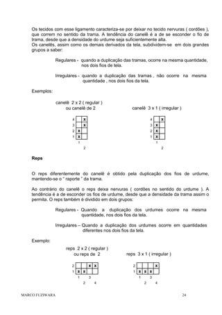 Os tecidos com esse ligamento caracteriza-se por deixar no tecido nervuras ( cordões ),
que correm no sentido da trama. A tendência do canelê é a de se esconder o fio de
trama, desde que a densidade do urdume seja suficientemente alta.
Os canelês, assim como os demais derivados da tela, subdividem-se em dois grandes
grupos a saber:
Regulares - quando a duplicação das tramas, ocorre na mesma quantidade,
nos dois fios de tela.
Irregulares - quando a duplicação das tramas , não ocorre na mesma
quantidade , nos dois fios da tela.
Exemplos:
canelê 2 x 2 ( regular )
ou canelê de 2
x
x

4
3
2
1

canelê 3 x 1 ( irregular )
x

4
3

x
x

2
1

1

x
x
x
1

2

2

Reps

O reps diferentemente do canelê é obtido pela duplicação dos fios de urdume,
mantendo-se o “ raporte ” da trama.
Ao contrário do canelê o reps deixa nervuras ( cordões no sentido do urdume ). A
tendência é a de esconder os fios de urdume, desde que a densidade da trama assim o
permita. O reps também é dividido em dois grupos:
Regulares - Quando a duplicação dos urdumes ocorre na mesma
quantidade, nos dois fios da tela.
Irregulares – Quando a duplicação dos urdumes ocorre em quantidades
diferentes nos dois fios da tela.
Exemplo:
reps 2 x 2 ( regular )
ou reps de 2
x x

2
1

x x
1

MARCO FUZIWARA

x

2
1

3
2

reps 3 x 1 ( irregular )

x x x
1

4

3
2

4

24

 