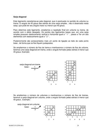 Sarja diagonal
Este ligamento caracteriza-se pela diagonal, que é acentuada no sentido do urdume ou
trama. O angulo de 45 graus das estrias de uma sarja simples , não é observado nesta
sarja, que pode ter seu angulo maior ou menor que 45 graus.
Para obtermos este ligamento, ampliamos a repetição final em urdume ou trama, de
acordo com o efeito desejado. Os pontos dos ligamentos bases que, em uma sarja
simples possuem deslocamento vertical e horizontal igual a “ 1 “ , passa a Ter um dos
elementos com deslocamento igual a “ 2 “ .
Posteriormente são acrescentados mais um ponto de ligação ao lado de cada ponto
base , de forma que os fios fiquem justapostos.
Se ampliarmos o número de fios de trama e mantivermos o número de fios de urdume,
teremos uma sarja diagonal em trama, onde o angulo formado pelas estrias é menor que
45 graus. Exemplo:

o
x

8

sarja diagonal em trama
base :
1
3

7

o
x

6
5

x

4

x

3
1

3

x

2

2

x

1

1

3
2

o
x

4

o
x
1

4

3
2

4

Se ampliarmos o número de urdumes e mantivermos o número de fios de tramas,
teremos a sarja diagonal em urdume, onde o angulo formado pelas estrias é menor que
45 graus . Exemplo :
sarja diagonal em urdume
base:
1
3

x

4

x

3
1

1
3
2

MARCO FUZIWARA

x o

2

x
1

x o

3

x

2

x o

4

x o
1

4

3
2

5
4

7
6

28

8

 