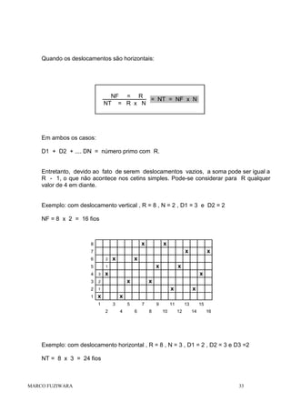 Quando os deslocamentos são horizontais:

NF = R
= NT = NF x N
NT = R x N

Em ambos os casos:
D1 + D2 + .... DN = número primo com R.

Entretanto, devido ao fato de serem deslocamentos vazios, a soma pode ser igual a
R - 1, o que não acontece nos cetins simples. Pode-se considerar para R qualquer
valor de 4 em diante.

Exemplo: com deslocamento vertical , R = 8 , N = 2 , D1 = 3 e D2 = 2
NF = 8 x 2 = 16 fios

x

8

x
x

7
6

2

5

x

x

1

4

3

3

x

x

x

1

1

x

2

2

x

x

x

x
x

x

x

1

3
2

5
4

7
6

9
8

11
10

13
12

15
14

16

Exemplo: com deslocamento horizontal , R = 8 , N = 3 , D1 = 2 , D2 = 3 e D3 =2
NT = 8 x 3 = 24 fios

MARCO FUZIWARA

33

 