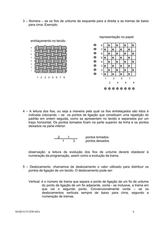 3 – Numera – se os fios de urdume da esquerda para a direita e as tramas de baixo
para cima. Exemplo:

representação no papel
entrlaçamento no tecido
x

8
8

7

7
6

5

4

4

3

3

2

x

x

x

x

x

x

x

x

x

x

x

x

x

x

2

1

x
x

6

5

x

x

x
x

x
x

x

x
x

x

x

1 2 3 4 5 6 7 8

x

x

x

x

1

1

3

5

7

2

4

6

8

4 – A leitura dos fios, ou seja a maneira pela qual os fios entrelaçados são lidos é
indicada colocando – se os pontos de ligação que constituem uma repetição do
padrão em ordem seguida, como se apresentam no tecido e separados por um
traço horizontal. Os pontos tomados ficam na parte superior da linha e os pontos
deixados na parte inferior.

2

1
1

3

pontos tomados
pontos deixados

observação: a leitura da evolução dos fios de urdume deverá obedecer à
numeração da programação, assim como a evolução da trama.

5 – Deslocamento: chamamos de deslocamento o valor utilizado para distribuir os
pontos de ligação de um tecido. O deslocamento pode ser:

Vertical: é o número de trama que separa o ponto de ligação de um fio de urdume
do ponto de ligação de um fio adjacente, conta - se inclusive, a trama em
que cai o segundo ponto. Convencionalmente conta – se os
deslocamentos verticais sempre de baixo para cima, segundo a
numeração de tramas.

MARCO FUZIWARA

4

 