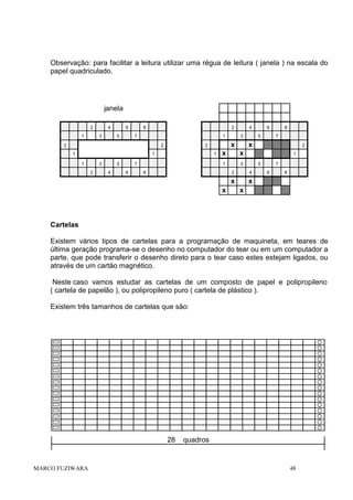 Observação: para facilitar a leitura utilizar uma régua de leitura ( janela ) na escala do
papel quadriculado.

janela
2
1

4
3

6
5

8

2

7

1

2

2
1
3
2

5
4

1

7
6

x

2

6
5

8
7

x

x

3

2

x

1

1
1

4
3

8

1
5

2

x
x

4

7
6

8

x
x

Cartelas
Existem vários tipos de cartelas para a programação de maquineta, em teares de
última geração programa-se o desenho no computador do tear ou em um computador a
parte, que pode transferir o desenho direto para o tear caso estes estejam ligados, ou
através de um cartão magnético.
Neste caso vamos estudar as cartelas de um composto de papel e polipropileno
( cartela de papelão ), ou polipropileno puro ( cartela de plástico ).
Existem três tamanhos de cartelas que são:

28

MARCO FUZIWARA

quadros

48

 