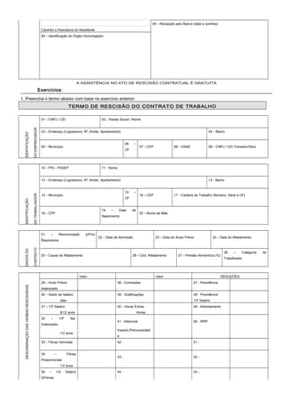 64 – Recepção pelo Banco (data e carimbo)
Carimbo e Assinatura do Assistente
63 – Identificação do Órgão Homologador
A ASSISTÊNCIA NO ATO DE RESCISÃO CONTRATUAL É GRATUITA
Exercícios:Exercícios:
1. Preencha o termo abaixo com base no exercício anterior:
TERMO DE RESCISÃO DO CONTRATO DE TRABALHO
IDENTIFICAÇÃO
DOEMPREGADOR
01 – CNPJ / CEI 02 – Razão Social / Nome
03 – Endereço (Logradouro, Nº, Andar, Apartamento) 04 – Bairro
05 – Município
06 –
UF
07 – CEP 08 – CNAE 09 – CNPJ / CEI Tomador/Obra
IDENTIFICAÇÃO
DOTRABALHADOR
10 – PIS – PASEP 11 - Nome
12 – Endereço (Logradouro, Nº, Andar, Apartamento) 13 - Bairro
14 – Município
15 –
UF
16 – CEP 17 – Carteira de Trabalho (Número, Série e UF)
18 – CPF
19 – Data de
Nascimento
20 – Nome da Mãe
DADOSDO
CONTRATO
21 – Remuneração p/Fins
Rescisórios
22 – Data de Admissão 23 – Data do Aviso Prévio 24 – Data do Afastamento
25 – Causa do Afastamento 26 – Cód. Afastamento 27 – Pensão Alimentícia (%)
28 – Categoria do
Trabalhador
Valor Valor DEDUÇÕES
29 – Aviso Prévio 38 - Comissões 47 - Previdência
DESCRIMINAÇÃODASVERBASRESCISÓRIAS
Indenizado
30 – Saldo de Salário 39 - Gratificações 48 - Previdência
dias 13º Salário
31 – 13º Salário 40 – Horas Extras 49 - Adiantamento
6/12 avos Horas
32 – 13º Sal.
Indenizado
41 - Adicional 50 - IRRF
/12 avos
Insalub./Periculosidad
e
33 – Férias Vencidas 42 - 51 -
34 – Férias
Proporcionais
43 - 52 -
/12 avos
35 – 1/3 Salário
S/Férias
44 - 53 -
 