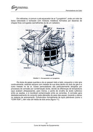 Permutadores de Calor
Em refinarias, é comum o pré-aquecedor de ar "Ljungstrom", onde um rotor de
baixa velocidade é recheado com módulos metálicos formados por dezenas de
chapas finas corrugadas (semelhantes às de um radiador).
FIGURA 11 - Pré-aquecedor a ar Ljungstrom.
Os dutos de gases quentes e de ar passam lado a lado, enquanto o rotor gira
continuamente, estando sempre com metade de sua área dentro do duto de gás e a
outra metade no de ar. Esses permutadores são particularmente atingidos por
processos de corrosão por condensação ácida, devido às diferenças de temperatura
(que acabam ultrapassando, para menos, o ponto de orvalho do ácido sulfúrico)
entre as seções, e à inevitável contaminação entre as correntes. A corrosão gera
desbalanceamento do conjunto (pela alteração do peso das peças), levando a danos
no sistema de acionamento. Construídos normalmente de aços patináveis (como o
"COR-TEN" ), têm vida útil média de dois anos (figura 11).
Curso de Inspetor de Equipamentos
17
 
