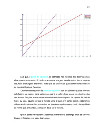 21

Veja que, o ponto de equilíbrio, se sobrepõe nas funções. Isto ocorre porquê
eles possuem o mesmo domínio e a mesma imagem, sendo assim, tem o mesmo
resultado em funções diferentes. Note que, as funções as quais estamos falando são
as funções Custos e Receitas.
Chamamos este ponto de ponto de equilíbrio, pois é o ponto no qual as receitas
satisfazem os custos, para sabermos qual é o valor deste ponto no domínio das
respectivas funções, somente necessitamos encontrar o ponto de ruptura da função
lucro, ou seja, aquele no qual a função lucro é igual à 0, sendo assim, poderemos
utilizar o valor do domínio em ambas as funções e conferirmos o ponto de equilíbrio
de forma que, em ambas, a imagem deve ser a mesma.
Após o ponto de equilíbrio, podemos afirmar que a diferença entre as funções
Custos e Receitas, é o valor dos Lucros

 
