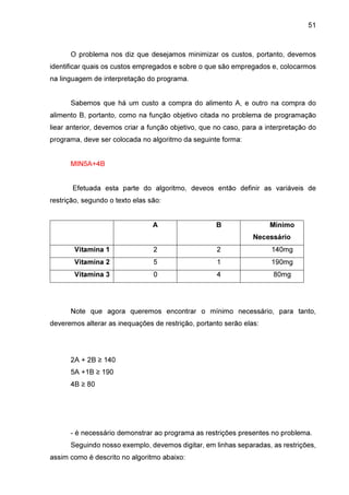 51

O problema nos diz que desejamos minimizar os custos, portanto, devemos
identificar quais os custos empregados e sobre o que são empregados e, colocarmos
na linguagem de interpretação do programa.
Sabemos que há um custo a compra do alimento A, e outro na compra do
alimento B, portanto, como na função objetivo citada no problema de programação
liear anterior, devemos criar a função objetivo, que no caso, para a interpretação do
programa, deve ser colocada no algoritmo da seguinte forma:
MIN5A+4B
Efetuada esta parte do algoritmo, deveos então definir as variáveis de
restrição, segundo o texto elas são:
A

B

Mínimo
Necessário

Vitamina 1

2

2

140mg

Vitamina 2

5

1

190mg

Vitamina 3

0

4

80mg

Note que agora queremos encontrar o mínimo necessário, para tanto,
deveremos alterar as inequações de restrição, portanto serão elas:

2A + 2B ≥ 140
5A +1B ≥ 190
4B ≥ 80

- é necessário demonstrar ao programa as restrições presentes no problema.
Seguindo nosso exemplo, devemos digitar, em linhas separadas, as restrições,
assim como é descrito no algoritmo abaixo:

 