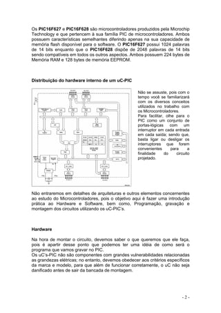 - 2 -
Os PIC16F627 e PIC16F628 são microcontroladores produzidos pela Microchip
Technology e que pertencem à sua família PIC de microcontroladores. Ambos
possuem características semelhantes diferindo apenas na sua capacidade de
memória flash disponível para o software. O PIC16F627 possui 1024 palavras
de 14 bits enquanto que o PIC16F628 dispõe de 2048 palavras de 14 bits
sendo compatíveis em todos os outros aspectos. Ambos possuem 224 bytes de
Memória RAM e 128 bytes de memória EEPROM.
Distribuição do hardware interno de um uC-PIC
Não entraremos em detalhes de arquiteturas e outros elementos concernentes
ao estudo do Microcontroladores, pois o objetivo aqui é fazer uma introdução
prática ao Hardware e Software, bem como, Programação, gravação e
montagem dos circuitos utilizando os uC-PIC’s.
Hardware
Na hora de montar o circuito, devemos saber o que queremos que ele faça,
pois é apartir desse ponto que podemos ter uma idéia de como será o
programa que vamos gravar no PIC.
Os uC’s-PIC não são componentes com grandes vulnerabilidades relacionadas
as grandezas elétricas; no entanto, devemos obedecer aos critérios específicos
da marca e modelo, para que além de funcionar corretamente, o uC não seja
danificado antes de sair da bancada de montagem.
Não se assuste, pois com o
tempo você se familiarizará
com os diversos conceitos
utilizados no trabalho com
os Microcontroladores.
Para facilitar, olhe para o
PIC como um conjunto de
portas-lógicas com um
interruptor em cada entrada
em cada saída; sendo que,
basta ligar ou desligar os
interruptores que forem
convenientes para a
finalidade do circuito
projetado.
 