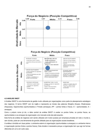 34
4.5 ANÁLISE SWOT
A Análise SWOT é uma ferramenta de gestão muito utilizada por organizações como parte do planejamento estratégico
dos negócios. O termo SWOT vem do inglês e representa as iniciais das palavras Streghts (forças), Weaknesses
(fraquezas), Opportunities (oportunidades) e Threats (ameaças). (PF – pontos fortes e fracos; O – oportunidades; A –
ameaças)
Como o próprio nome já diz, a idéia central da análise SWOT é avaliar os pontos fortes, os pontos fracos, as
oportunidades e as ameaças da organização e do mercado onde ela está atuando.
Esta forma de análise de negócios vem sendo utilizada com muito sucesso por empresas privadas em todo o mundo e,
sem dúvida, pode ser uma ferramenta de grande utilidade para as organizações sociais brasileiras.
A análise é dividida em duas partes: o ambiente externo à organização (oportunidades e ameaças) e o ambiente interno
à organização (pontos fortes e pontos fracos). Esta divisão é necessária porque a organização tem que agir de formas
diferentes em um e em outro caso.
 