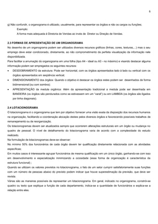 6
g) Não confundir, o organograma é utilizado, usualmente, para representar os órgãos e não os cargos ou funções;
Exemplo:
A forma mais adequada é Diretoria de Vendas ao invés de Diretor ou Direção de Vendas.
2.3 FORMAS DE APRESENTAÇÃO DE UM ORGANOGRAMA
No desenho de um organograma podem ser utilizados diversos recursos gráficos (linhas, cores, texturas,...) mas o seu
emprego deve estar condicionado, diretamente, ao não comprometimento da perfeita visualização da informação nele
disponibilizada.
Para facilitar a arrumação do organograma em uma folha (tipo A4 - ideal ou A3 - no máximo) e visando destacar alguma
informação podem ser empregados os seguintes recursos:
 DESDOBRAMENTO da estrutura: Pode ser horizontal, com os órgãos apresentados lado à lado ou vertical com os
órgãos apresentados em seqüência vertical;
 DIMENSIONAMENTO dos órgãos: Quando o objetivo é destacar os órgãos estes podem ser desenhados de forma
bidimensional (ou com sombra);
 APRESENTAÇÃO da medula orgânica: Além da apresentação tradicional a medula pode ser desenhada em
BANDEIRA (os órgãos são pendurados como se estivessem em um “varal”) ou em LAMBDA (os órgãos são ligados
por linha diagonais);
2.4 LOTACIONOGRAMA
O lotacionograma é o organograma que tem por objetivo fornecer uma visão exata da disposição dos recursos humanos
na organização, facilitando a coordenação alocação destes pelos diversos órgãos e favorecendo possíveis trabalhos de
remanejamento ou de reorganização.
Os lotacionogramas devem ser atualizados sempre que ocorrerem alterações estruturais em um órgão ou mudança no
quadro de pessoal. O nível de detalhamento do lotacionograma varia de acordo com a complexidade do estudo
realizado.
Na formulação de lotacionogramas deve-se observar:
No mínimo 50% dos funcionários de cada órgão devem ter qualificação diretamente relacionada com as atividades
específicas;
Em muitos casos é interessante agrupar funcionários de mesma qualificação em um único órgão, ganhando-se com isso
em desenvolvimento e especialização minimizando a ociosidade (essa forma de organização é característica da
estrutura funcional) ;
Quando se utilizam os valores previstos no lotacionograma, o fato de um setor cumprir satisfatoriamente suas funções
com um número de pessoas abaixo do previsto podem indicar que houve superestimação da previsão, que deve ser
revista.
Várias são as maneiras possíveis de representar um lotacionograma. Em geral, indicado no organograma, constrói-se
quadro ou texto que explique a função de cada departamento, indica-se a quantidade de funcionários e explica-se a
relação entre eles.
 
